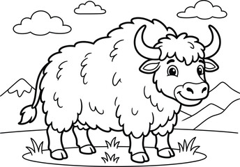 Obraz premium Line art illustration of a yak standing in a grassy field with mountains