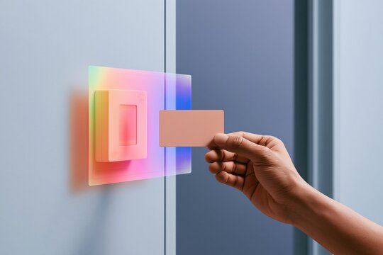 Hand holding a blank access card near a glowing wall reader with a translucent interface, featuring a soft luminous mood and copy space for security mockups