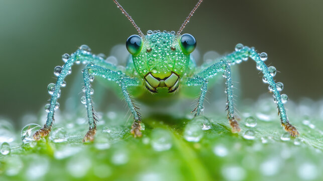 Macro Close-up of a Tiny Green Grasshopper Covered in Dew Drops on a Leaf