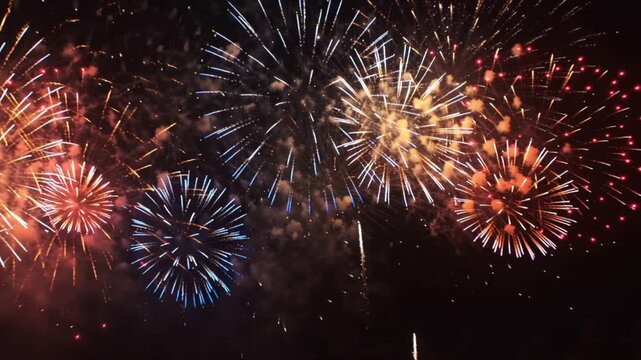 cinematic commercial stock footage of a spectacular colorful firecracker celebration in a dark night sky, multiple vibrant bursts expanding rapidly into sparkling golden, red, blue and violet particle