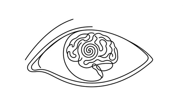 Continuous line drawing animation revealing a human brain inside an eye symbol