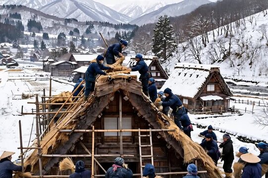 Group of people working together to thatch a traditional wooden house roof in a snow covered Japanese village during winter