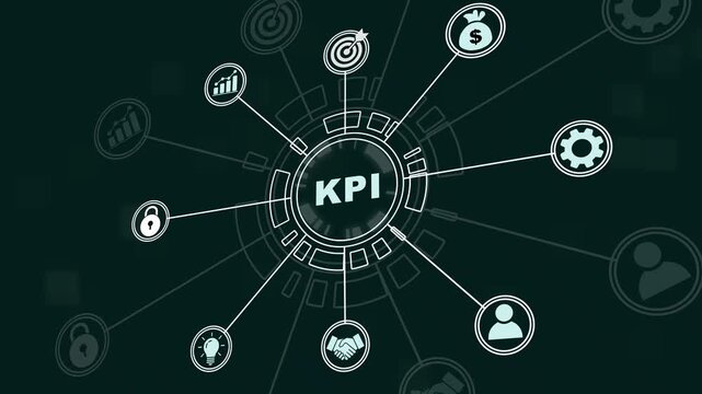 Animated digital kpi dashboard infographic featuring interconnected business strategic performance metrics, growth analysis, data visualization, corporate management, and financial success concepts