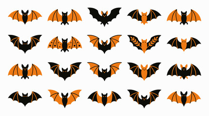 Fototapeta premium Set of cute cartoon bats in black and orange colors for halloween design elements and holiday decorations