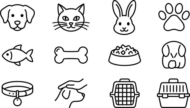 Pet Care Icon Set with Cute Line Art Symbols for Dogs, Cats, Rabbits, Fish, Feeding, Grooming, Training, and Animal Accessories