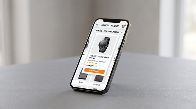 Smartphone displaying online shopping app with product catalog and buy button interface.