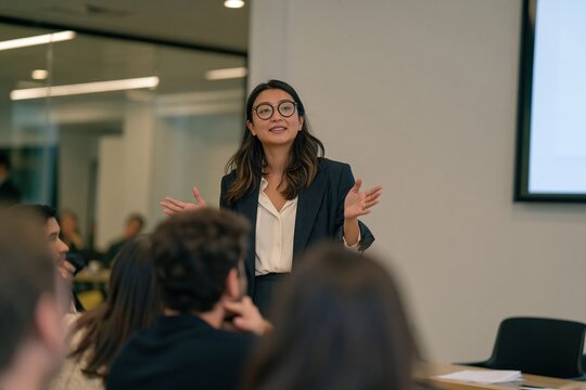 East Asian woman presenting in a modern office with a blank screen, showing relaxed gestures for business seminars and leadership communication, copy space