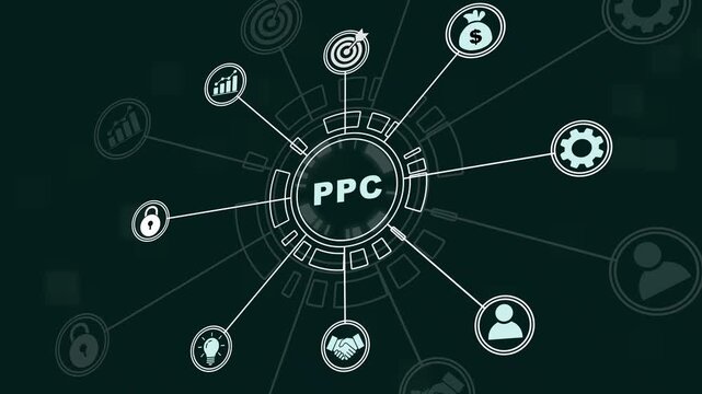 Dynamic ppc digital marketing concept animation featuring interactive infographic hud connected business search engine advertising strategy, data analytics growth, and modern tech interface