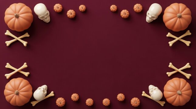 Halloween pumpkins skulls and bones arranged on a dark red background with copy space