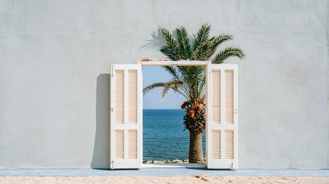 Pale sage green wall with open louvered doors framing a tropical sea view and palm tree, featuring a chalky texture and copy space for a summer backdrop