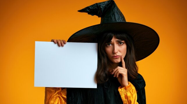 Worried Witch Woman Holding Blank Halloween Advertising Sign
