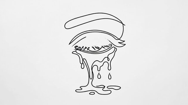 Minimalist continuous line drawing of a crying eye with dripping tears