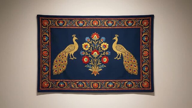 Traditional Indian Fabric Wall Hanging with Intricate Peacock Embroidery