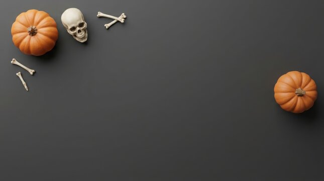 Halloween pumpkins and skull with bones arranged on a dark background with copy space