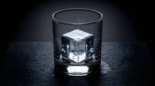 Single large ice cube in an empty whiskey glass on a dark slate table