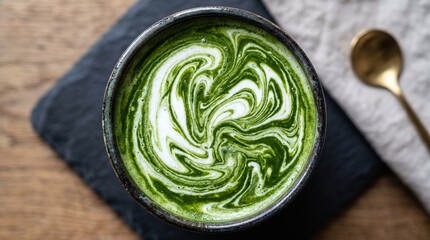 Obraz premium Close-Up Swirl of Matcha Green Tea Latte in Bowl