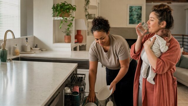 Woman helping a new mother with housework by loading the dishwasher while the friend drinks water and holds a baby in the kitchen. Support and postpartum care at home concept.