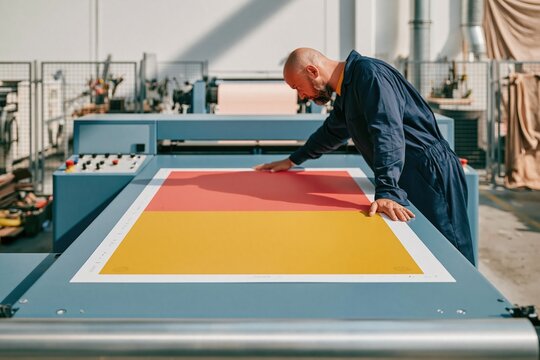 Man aligning color print plates on a large format printer, showing a focused worker in a professional print shop for industrial and production needs