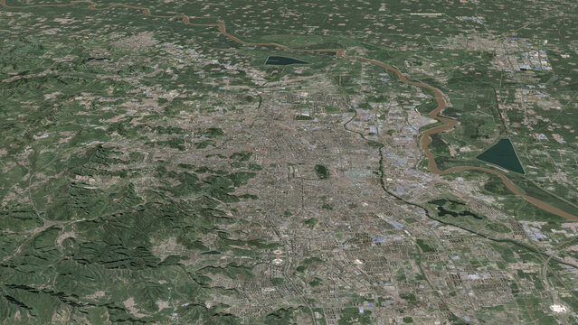 Oblique aerial 3D illustration of Jinan, China. Contains modified Copernicus Sentinel data (2023). Surface/elevation: ESA/Copernicus.
