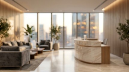 Fototapeta premium Blurred view of a modern luxury office reception area with marble desk and city skyline background.