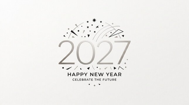 2027 Happy New Year silver typography design with festive confetti elements on white background