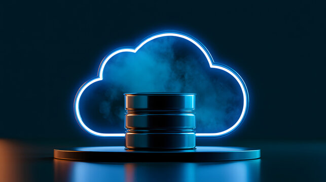 A metallic cylinder filled with data sits within a neon blue aura, symbolizing cloud computing, online server hosting, and secure data storage.