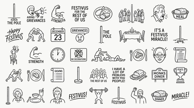 A collection of hand-drawn line art illustrations depicting various elements and activities associated with the fictional holiday Festivus.