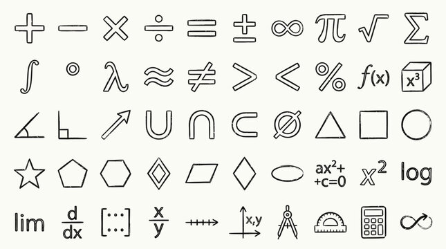 A comprehensive collection of mathematical symbols and notations, including arithmetic, calculus, geometry, and algebra, presented in a clean, hand-drawn style on a textured background.