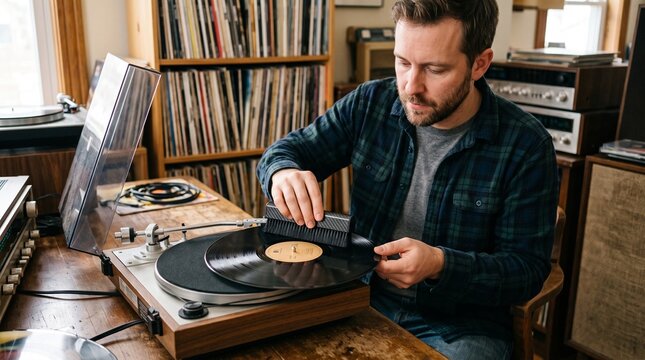 Man cleaning vinyl record with brush on turntable surrounded by record collection