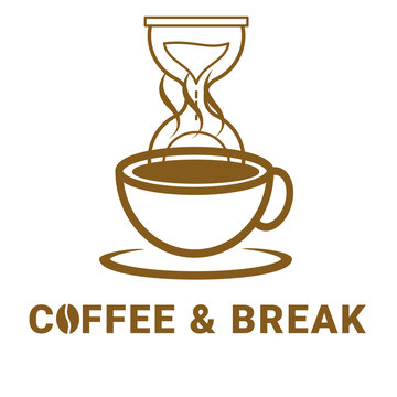 Coffee and break hourglass logo design, minimal coffee cup vector emblem, warm brown line art cafe icon transparent background Png 