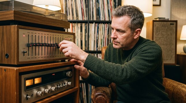 Man adjusting vintage audio equalizer in room filled with vinyl records and retro stereo equipment