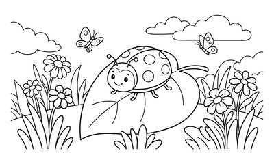 Fototapeta premium Ladybug coloring page sitting on a large leaf with flowers and butterflies. Simple black and white line art illustration for kids coloring book and nature worksheet.