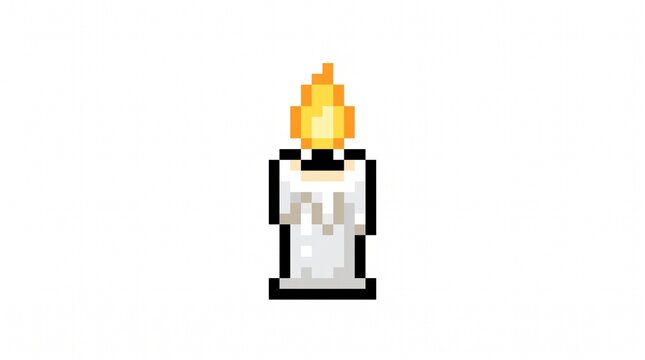8-bit pixel art of a melting wax candle with glowing flame dungeon lighting game asset isolated on white.