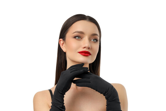 Woman with striking red lips poses gracefully in gloves, isolated, PNG