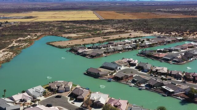 Aerial view of a waterfront neighborhood in the desert