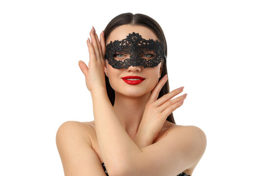 Woman confidently displaying her beauty with a mask, isolated, PNG