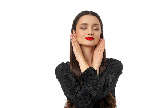 A woman showcases her beauty with elegant poses, isolated, PNG