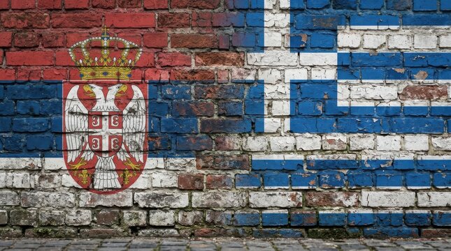 Serbia vs Greece flags on worn brick wall for international sports match , European football tournament.