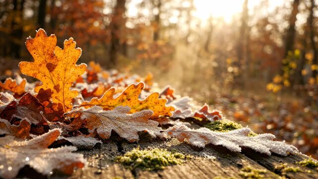 Golden oak leaves covered in frost, illuminated by warm sunlight in an autumn forest, showing seasonal change and natural beauty