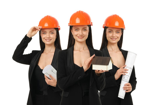 Confident woman showcases tools and plans, PNG
