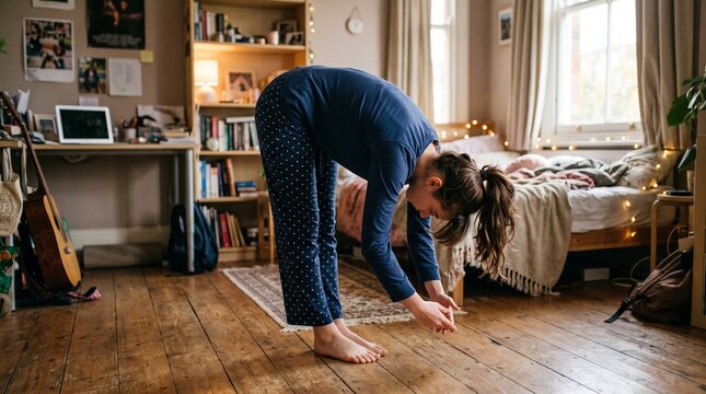 Young woman in pajamas doing a forward bend stretch in her cozy bedroom in the morning