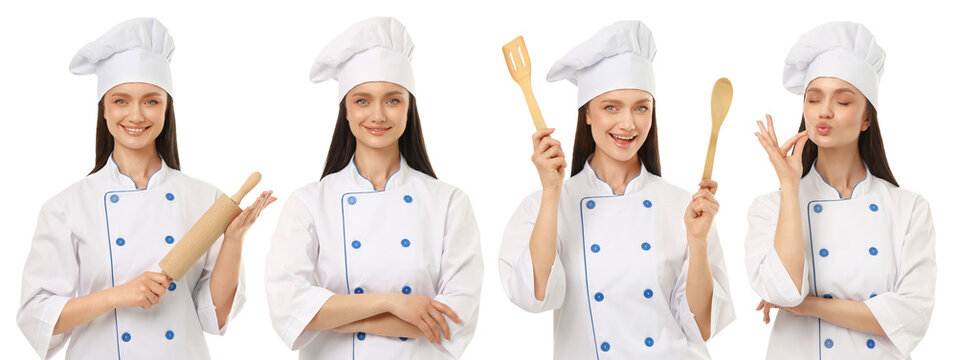 Set, Chef shows cooking tools and poses with smile, PNG