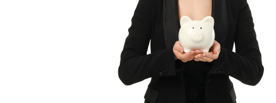 Woman holds piggy bank, focused on finances, PNG