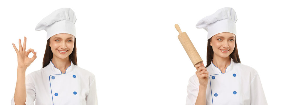 Set, Smiling young woman in chef's uniform with signs, PNG