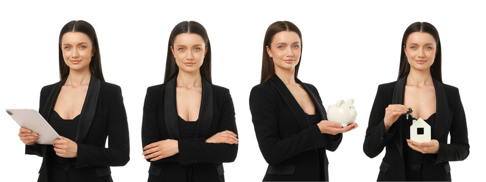 Set, Woman shows different items for a business concept, PNG