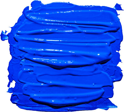 Glossy vibrant blue thick acrylic paint horizontal brush stroke with wet highlights isolated on transparent background