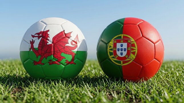 Wales vs Portugal football match balls on green grass , European football tournament.