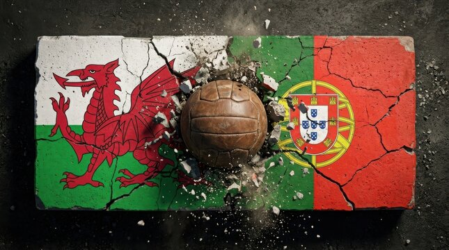Wales vs Portugal football match dramatic flag and ball explosion , European football tournament.
