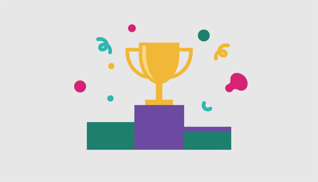 Shiny gold trophy cup displayed on a colorful podium with festive confetti shapes celebrating excellence and achievement in competitive endeavors.