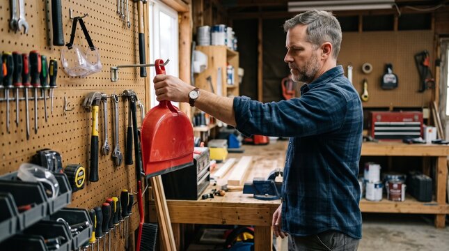 Man in blue plaid shirt holding a red dustpan in a workshop with tools on pegboard wall